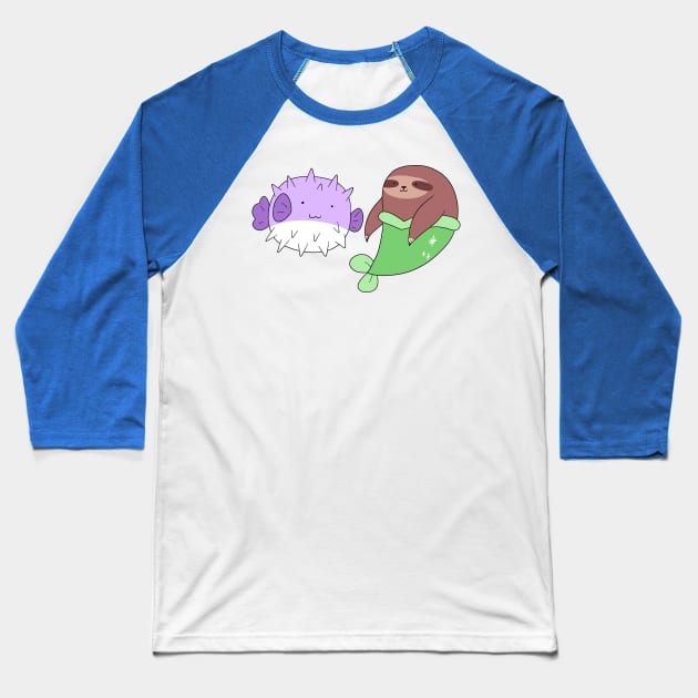 Puffer Fish and Mermaid Sloth Baseball T-Shirt by saradaboru